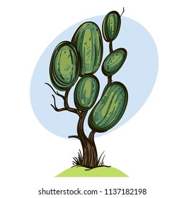 Green tree in cartoon style. Landscape element for game design and animation. Vector illustration isolated on white background.