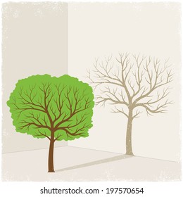 Green tree casting shadow of dry tree in vector