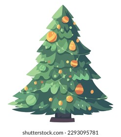 Green tree celebrate winter with ornaments over white