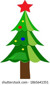 Green tree with Christmas balls and a red star. Vector illustration.