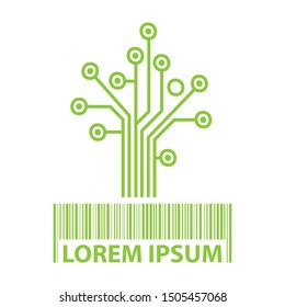 green tree, circuit board and bar code, vector logo template