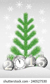 green tree, clock and marbles with numbers 2015 on to snow,  vector illustration