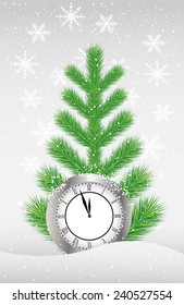 green tree and clock on to snow,  vector  illustration