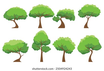 Árbol verde. Colección de árbol aislado sobre un fondo blanco. Cada especie de árboles. Un árbol con hojas verdes. Naturaleza o temas de estilo de vida saludable. Estilo de diseño plano de Ilustración vectorial