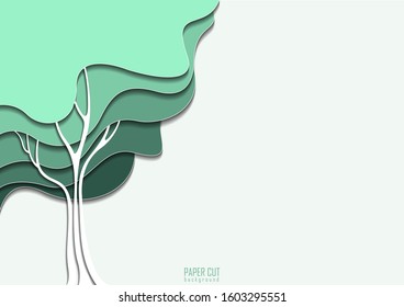 Green tree color background on paper cut style