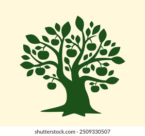 Concepto de árbol verde. Silueta de plantas con hojas. Creatividad y arte minimalista. Roble o manzano de bosque salvaje. Naturaleza y Medio Ambiente. Ilustración vectorial plana aislada sobre fondo beige