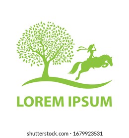 green tree and cowgirl riding horse, vector logo template