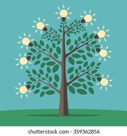 Green tree of creative ideas with glowing light yellow lightbulbs. Insight, inspiration, idea, invention and breakthrough concept. Flat style. EPS 8 vector illustration, no transparency