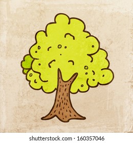 Green Tree. Cute Hand Drawn Vector illustration, Vintage Paper Texture Background