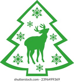Green tree with deer and snowflakes. Illustration is a green Christmas tree with green patterns.
