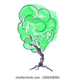 Green tree drawn by hand, with a black brush, lines.Watercolor. Summer, abstraction on a white background