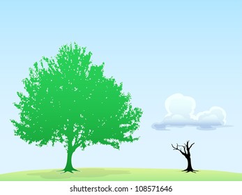 green tree and dry tree under cloud on landscape background