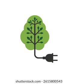 Green tree and electric plug for eco-friendly energy concept. Vector illustration on white background.