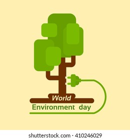 Green Tree With Electrical Plug. World Environment Day. Flat Vector Illustration