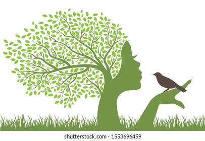 green tree with female face holding little bird, vector