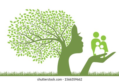 green tree with female face holding miniature abstract human family, vector