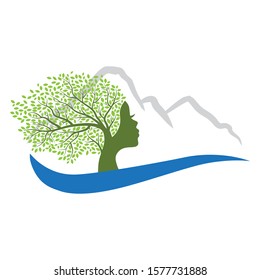 green tree with female face and mountain landscape, vector