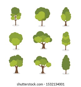 Green tree Fertile A variety of forms on the White Background,
Set of various tree sets,Trees for decorating gardens and home designs.vector illustration and icon