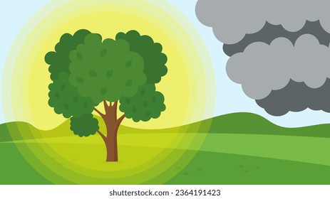 Green tree in the field with clouds and sun. Vector illustration.