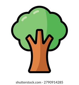 Green tree flat color outline style symbol featuring a leafy canopy and trunk. Suitable for nature, ecology, gardening, forestry, and environmental themed projects.