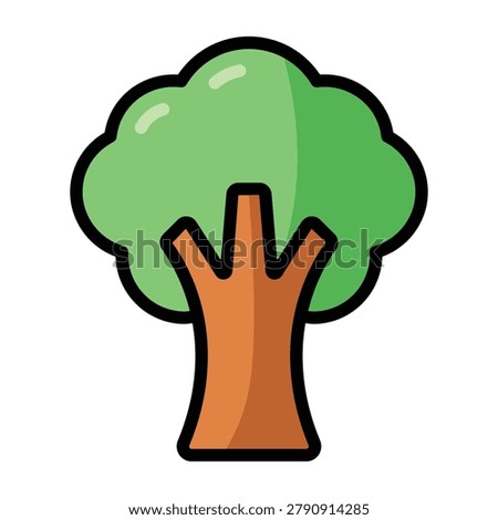 Green tree flat color outline style symbol featuring a leafy canopy and trunk. Suitable for nature, ecology, gardening, forestry, and environmental themed projects.