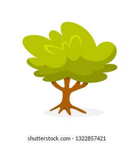 Green tree. Floral park element for design. Brown branch. Wood or forest symbol. Vector illustration in cartoon style
