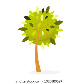Green tree. Floral park element for design. Brown branch. Wood or forest symbol. Vector illustration in cartoon style