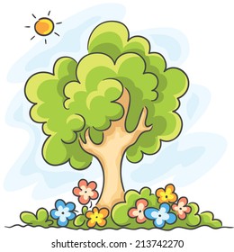 Green tree and flowers