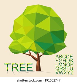 Green tree with font formed by triangles, polygon vector illustration