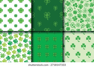 Green tree and four leaf clover seamless pattern for day of St. Patricks. National Irish holiday hand drawn grungy elements for textile, packaging and gift wrapping