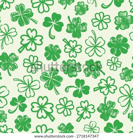 Green tree and four leaf clover seamless pattern for day of St. Patricks. National Irish holiday hand drawn grungy elements for textile, packaging and gift wrapping
