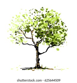 Green Tree. Free hand drawing. Vector sketch illustration. Eco poster