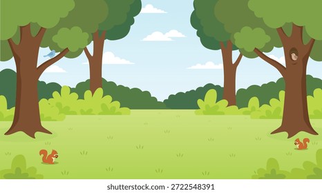 green tree fresh blue sky outdoor natural garden background. flat illustration design