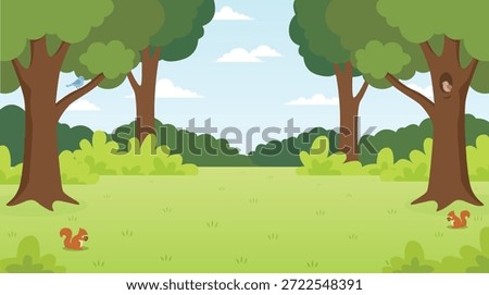 green tree fresh blue sky outdoor natural garden background. flat illustration design