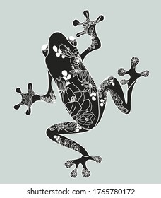 Green Tree Frog Black And White Silhouette. 
Zentangle Frog. Vector Illustration.