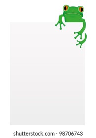 Green tree frog sitting on blank paper