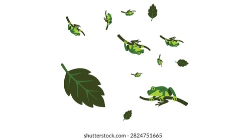 green tree frogs with bright patterns perched on leaves against a dark background natural amphibians in a close up view