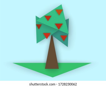 Green tree full of red apples, vector illustration in abstract style of paper cut from triangles