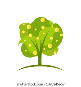 Green tree with gold korean won coins. Money tree isolated on white background. Flat vector illustration of growing profit and wealth. Investment logo. 