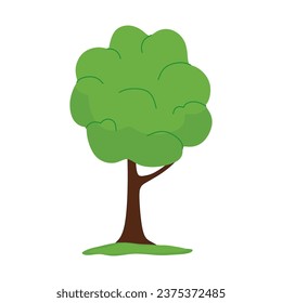 Green tree with grass, cartoon element isolated on white background. Natural forest plant. Ecology garden template. Vector tree in children's flat style. Vector illustration