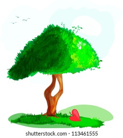 green tree with grass and clouds and near a fallen apple in the form of heart