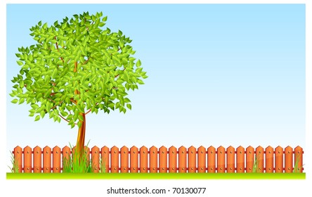 Green tree with grass and fence under blue sky, vector illustration