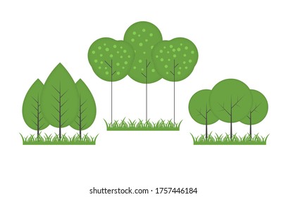Green tree with grass. Set of textured trees. Vector flat illustration