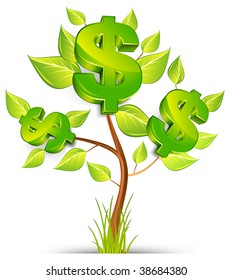 Árbol verde que crece la divisa con el signo del dólar en el fondo blanco, Ilustración vectorial