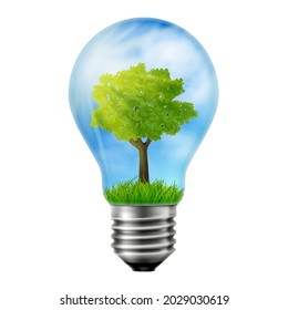 Green tree is growing inside a light bulb, ecology concept, Concept of green energy. Vector 3D realistic illustration.