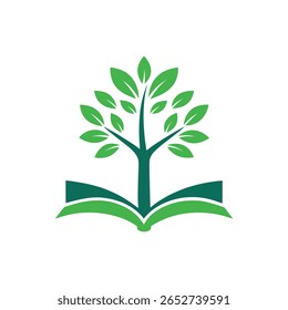 Árbol verde que crece de la ilustración abierta del libro en hojas blancas del fondo