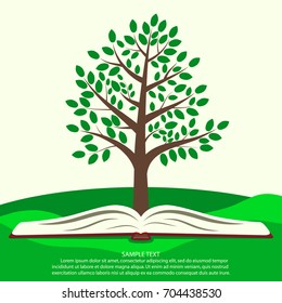 Green tree grows from open book. Ecology infographics concept, template for ecological print product. Vector illustration.
