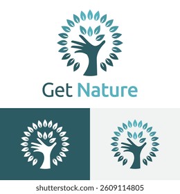 Green Tree Hand Get Circle Nature Leaves Logo Template