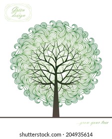 Green tree with handmade ornament for your design. Template design for card. 