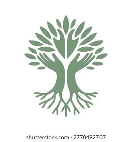 Green tree with hands as trunk and branches and roots growing out symbol of nature
